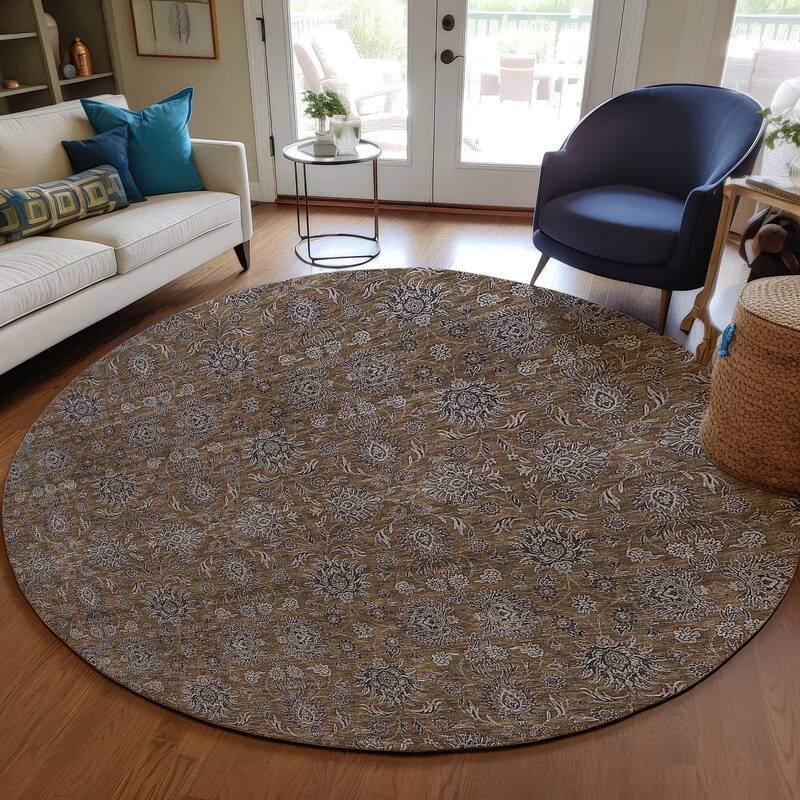 Machine Washable Indoor/ Outdoor Chantille Traditional Floral Rug - Chocolate - 8' x 8'