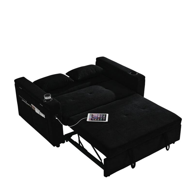 Sleeper Sofa Couch Bed, Pull Out Loveseat with Storage, Convertible Sleeper Sofa w/ Side Pockets, Adjustable Backrest & USB Port