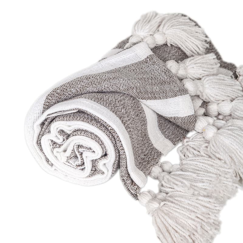 HomeRoots 50" X 60" Charcoal Woven Cotton Striped Throw Blanket with Tassels