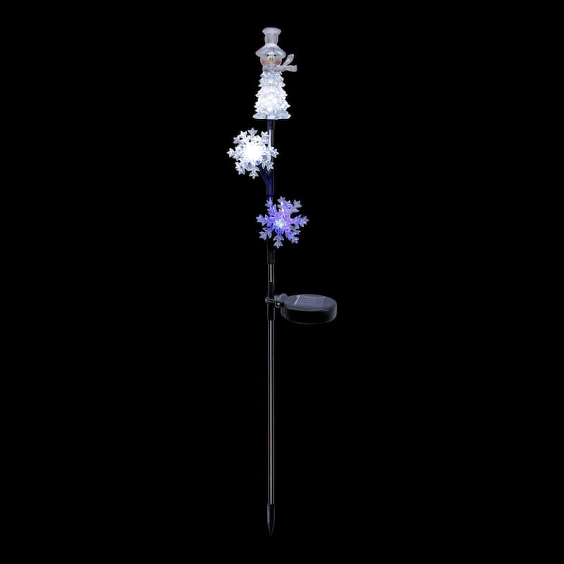Alpine Corporation 33"H Outdoor Solar Snowman and Snowflakes Garden Stake with LED Lights - White