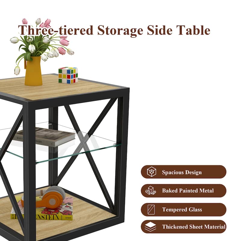 1 Piece Modern End Table Nightstand, Tempered Glass&Natural Wood Mdf Top,Industrial Style Side Table