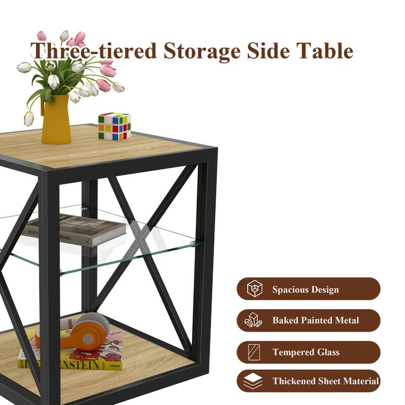 Set of 2 Modern End Table Nightstand, Tempered Glass&Rustic Wood Grain MDF, Industrial Style Side Table