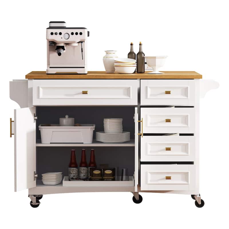 52'' Kitchen Island with Drop Leaf, Embossed Texture Kitchen Island on Wheels with Spice Rack, Towel Rack, 2 Doors and 5 Drawers