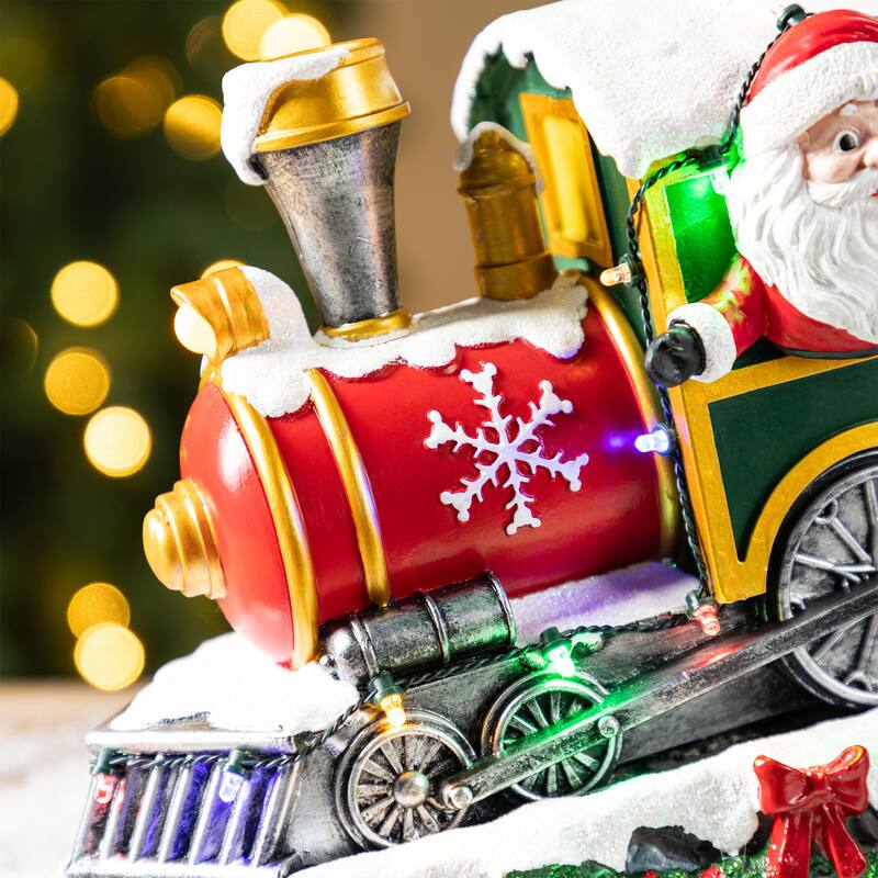 Glitzhome 20"L Lighted Christmas Santa Train Resin Village with Movement and Music