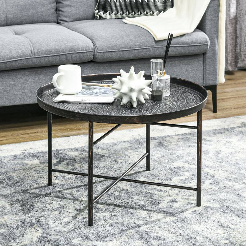 HOMCOM 24" Round Coffee Table with Hammered Tray Top, Vintage Metal Center Table for Living Room, Bedroom, Side Table - Pewter