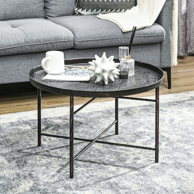 Modern Brushed Metal Coffee Table with Hammered Floral Tray and Adjustable Feet Crossbar Frame - Dia. 24”. x 15.7" H