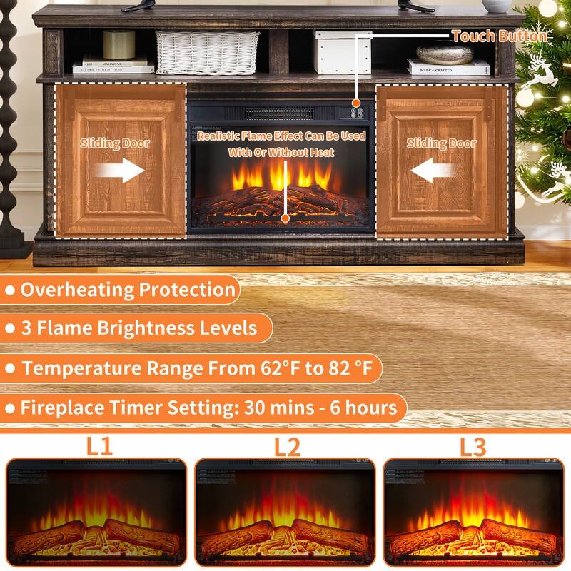 58-60" Fireplace TV Stand for 55-65" TVs w/ 18-23" Insert Farmhouse/Modern/Rustic Barn/Glass Doors Espresso/Grey/Brown/White Oak