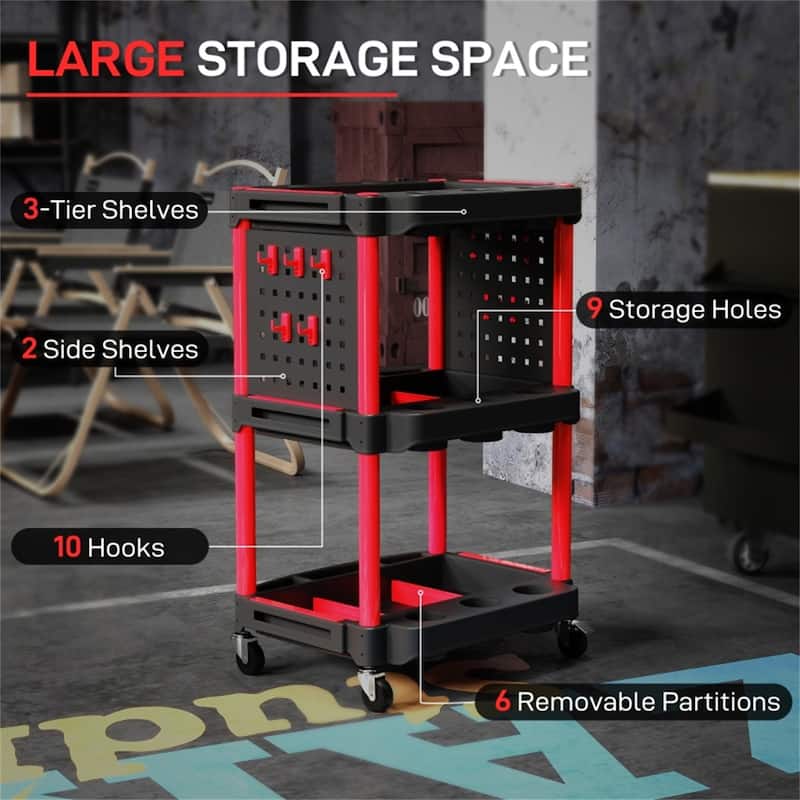Three-Tier Mobile Rolling Tool Cart with Hooks and Storage Holes for Garage Workshop Organizer - 22.2" W x 18.7" D x 35" H