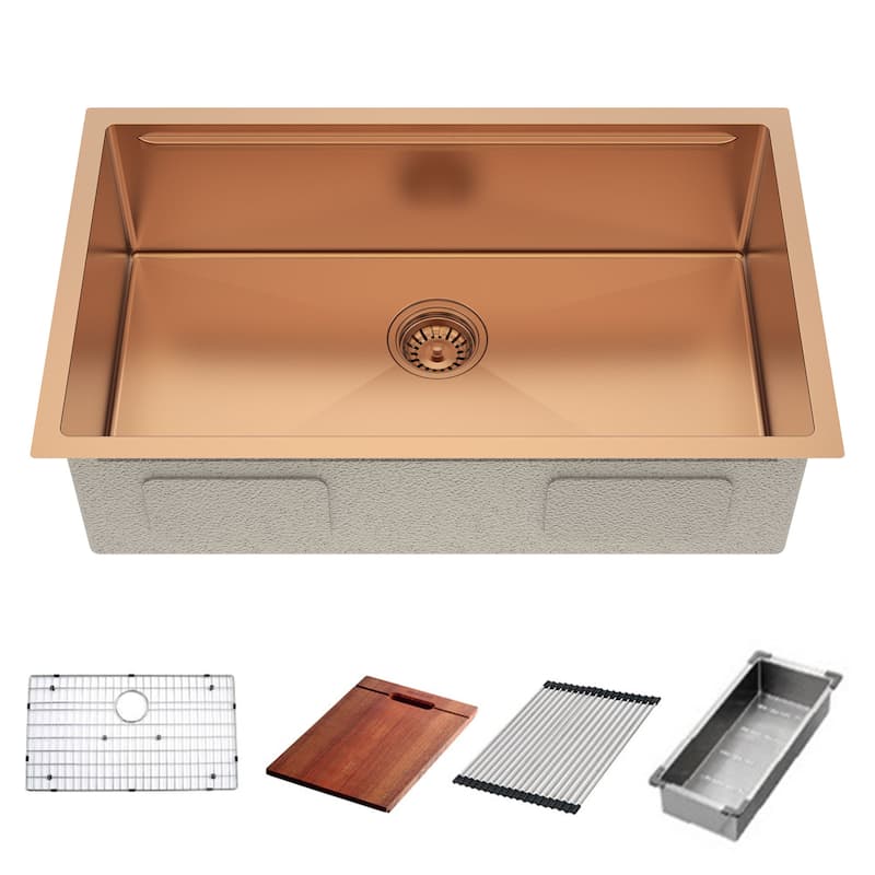 HomeRoots 9" X 30" Gold Stainless Steel Undermount Kitchen Sink - 30.00 in. x 9.00 in. x 18.00 in.