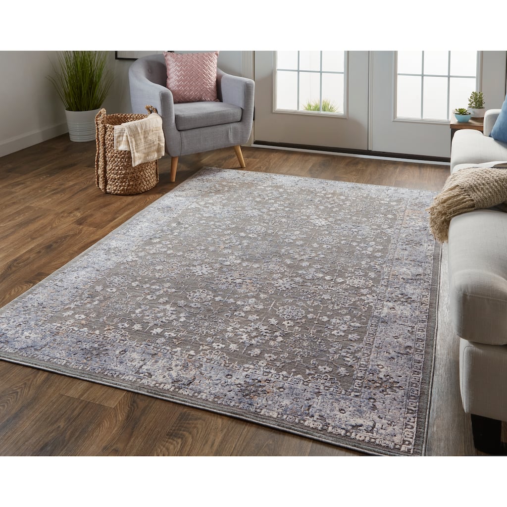Sybil Transitional Oriental Style Rug, Charcoal/Light Blue