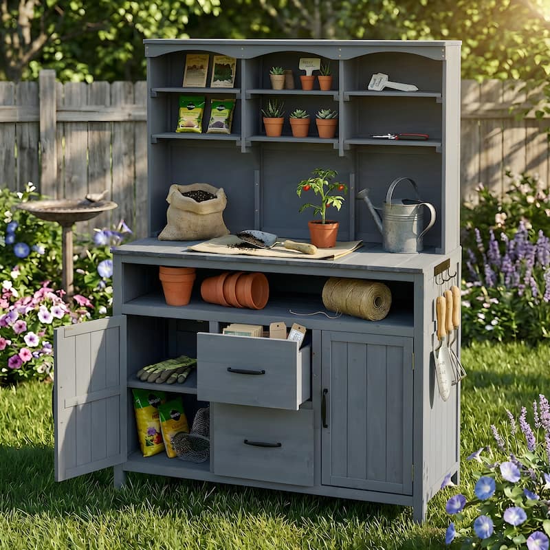 45" Fir Wood Outdoor Potting Bench with Hutch, Cabinets, and Drawers