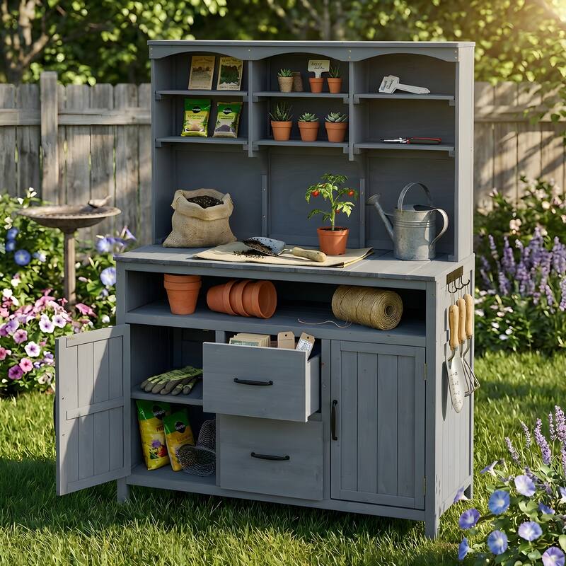 Roomfitters Outdoor Garden Potting Bench with Storage Hutch, Potting Table with Drawers and Cabinets, Shelves
