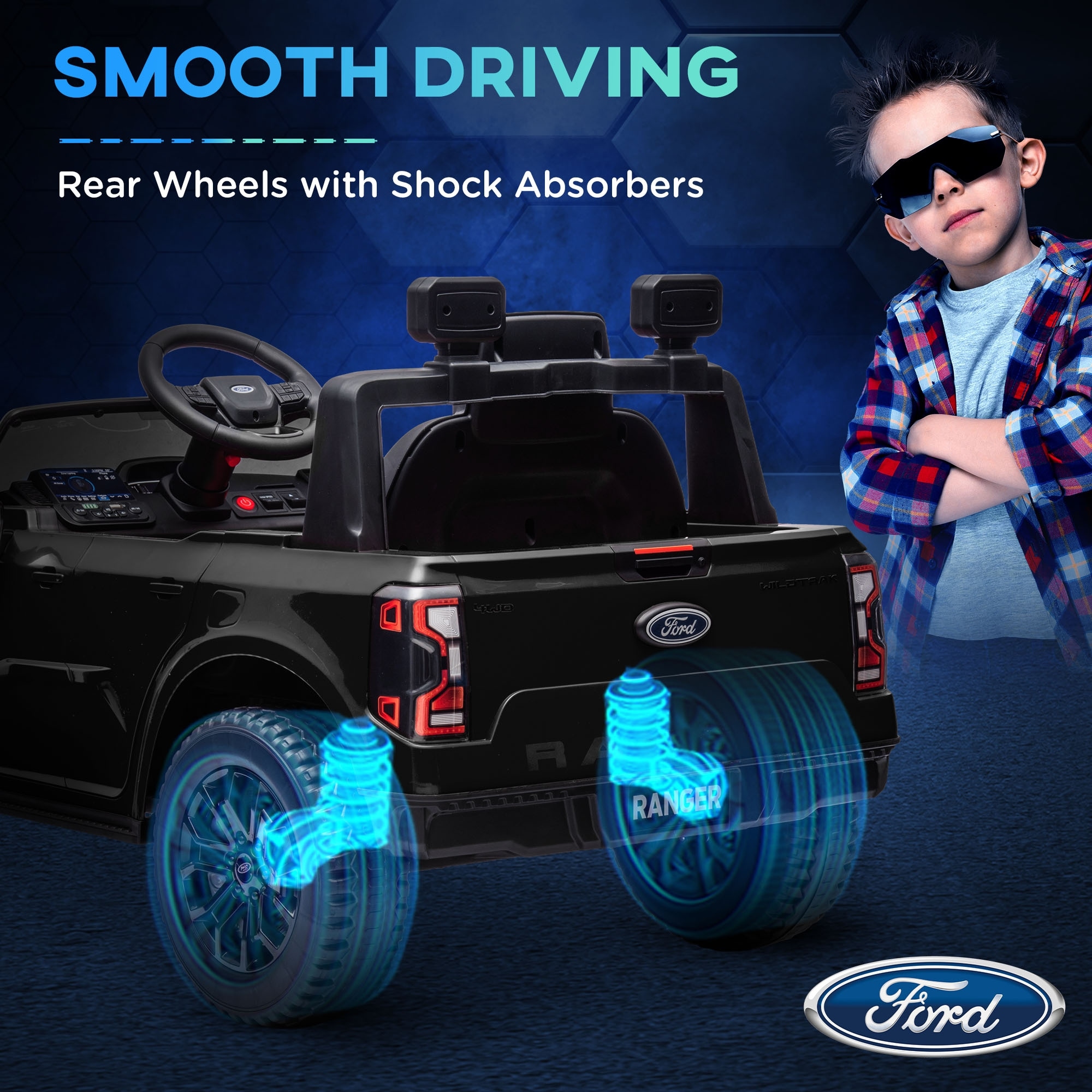 Qaba 12V Ford Ranger Licensed Kids Ride On Truck Parental Remote Control Toy Storage Suspension LED Lights Music Black