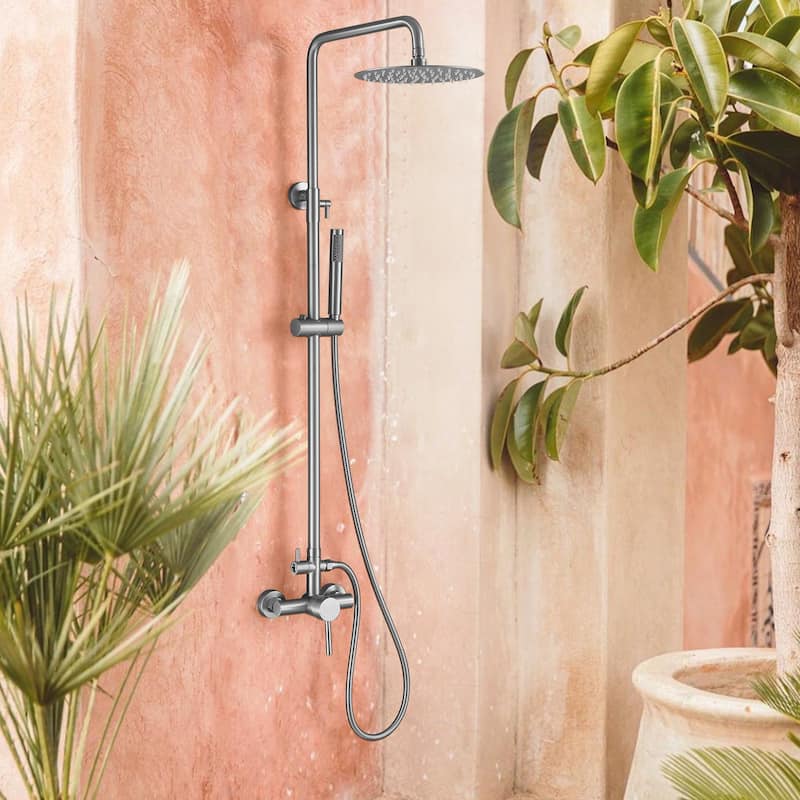 Outdoor 10 Inch Round Rain Shower Set with Handheld Shower (Adjustable Slider)