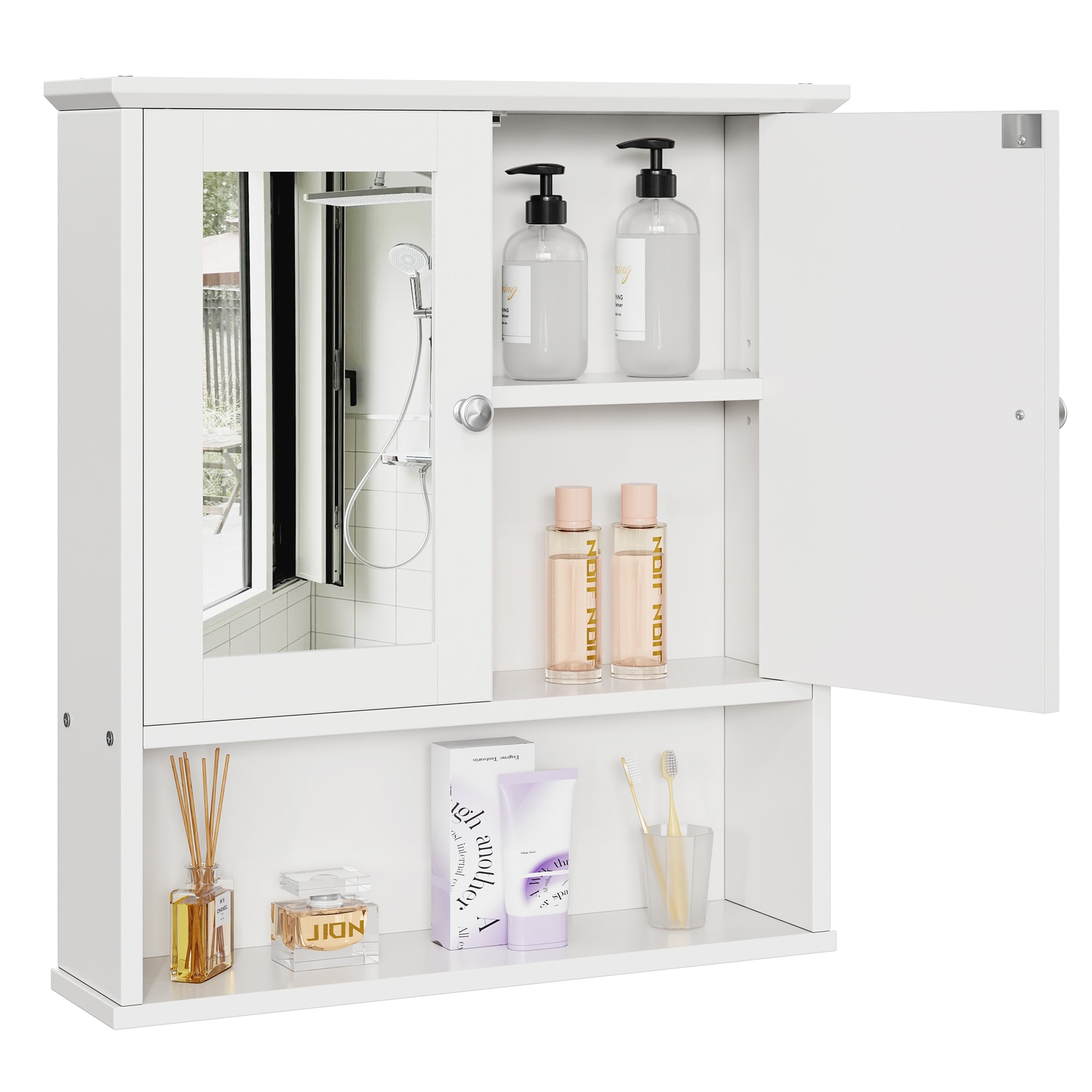 Bathroom Wall Cabinet with Mirror Doors & Adjustable Shelf
