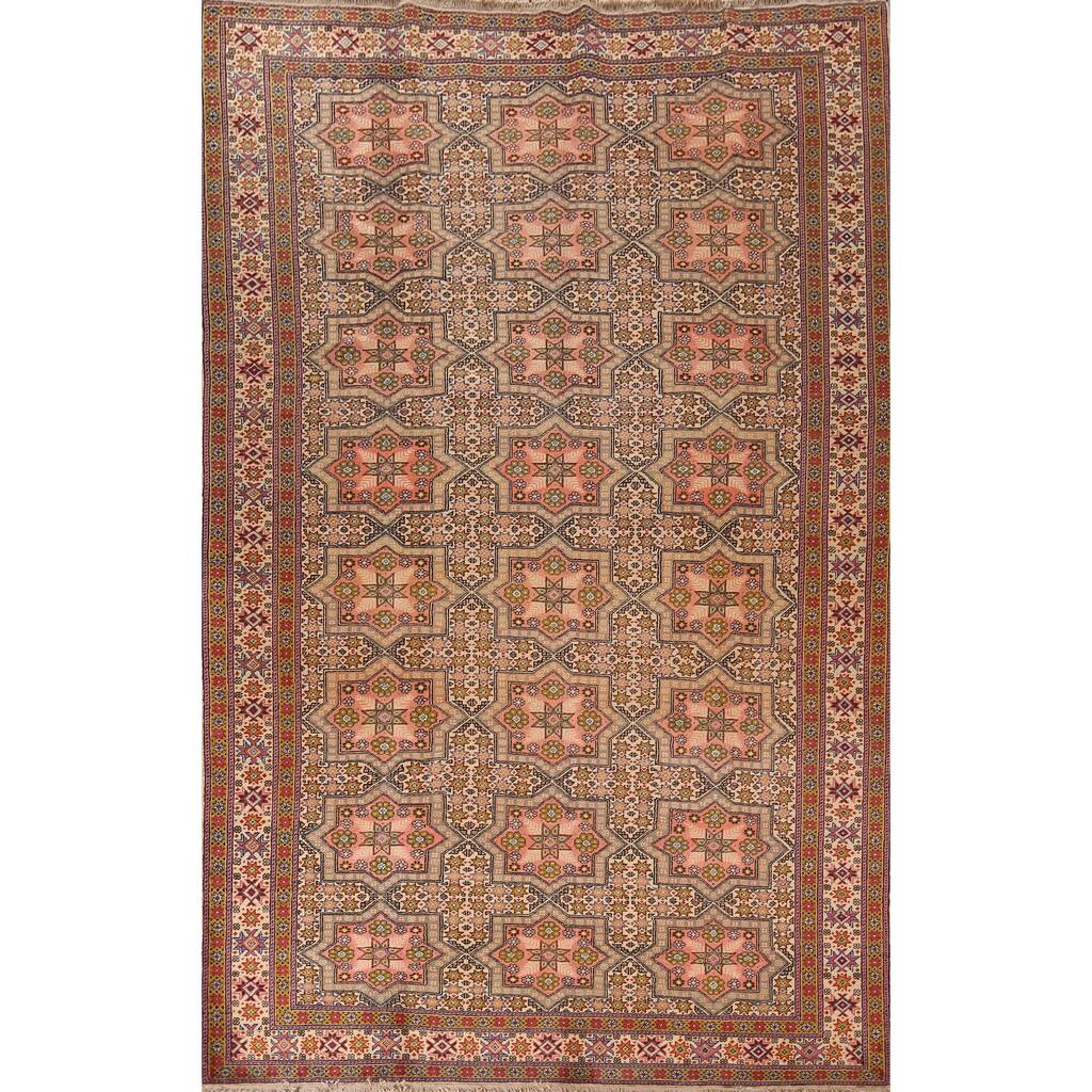 Geometric Anatolian Turkish Vintage Rug Handmade Beige Wool Carpet - 6'7" X 9'10"