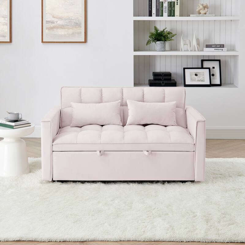Velvet Foldable Sofa Bed, 3 In 1 Convertible Sofa Bed, Pull Out Couch Bed with Adjustable Backrest, Side Pockets & 2 Pillows - Pink