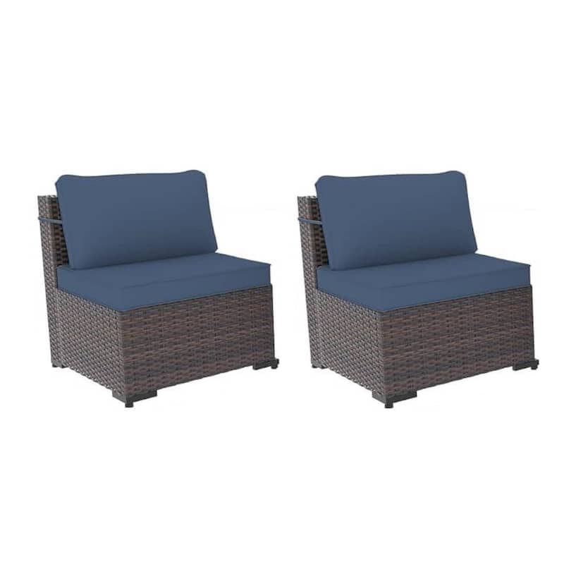 Outdoor Rattan Sectional Sofa Set, Patio Furniture Conversation Set with Fire Pit Table - Set B - Navy Blue