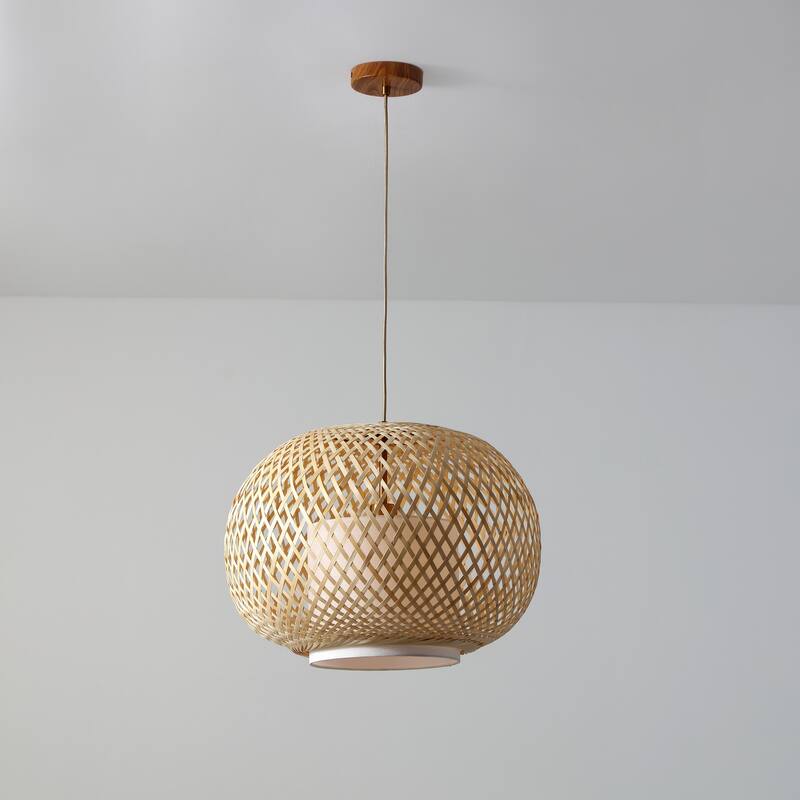 VidaLite FOS - 1 Light Pendant 19.5 in. Natural Woven Bamboo Linen Shade and Brushed Brass Accents, Adjustable Height