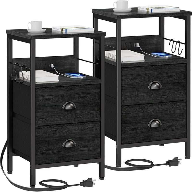 Nightstands Set of 2 End Tables with Charging Station and USB Ports - Black Oak - 1-drawer