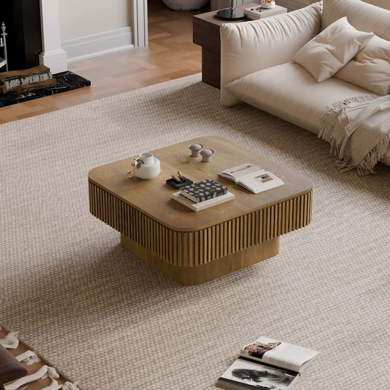 Modern Fluted Solid Wood Accent Coffee Table with Hidden Storage