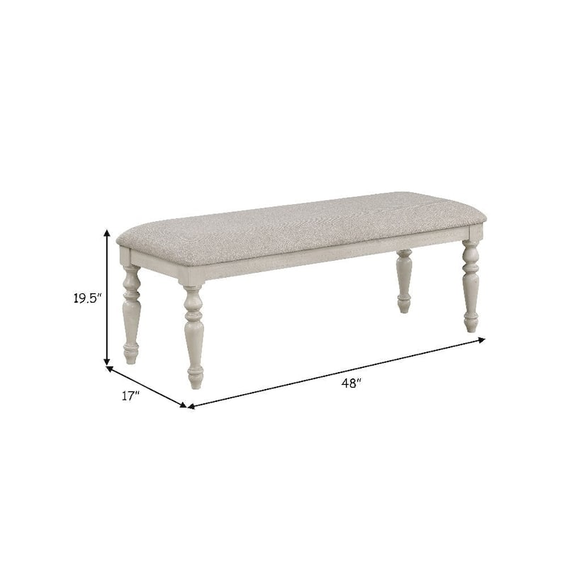 Katherine 48 Inch Bench with Fabric Seat and Turned Legs, White - 48 L X 17 W X 19.5 H Inches