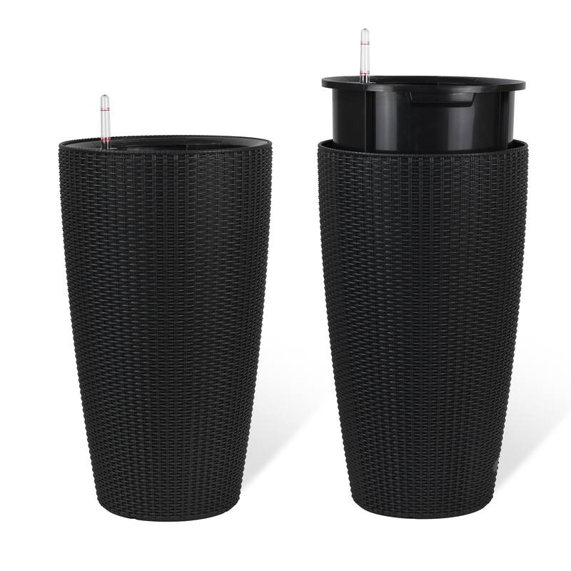 Faux Rattan Tall Planters Set of 2, Large Planters with Water Level Monitor Inner Bucket