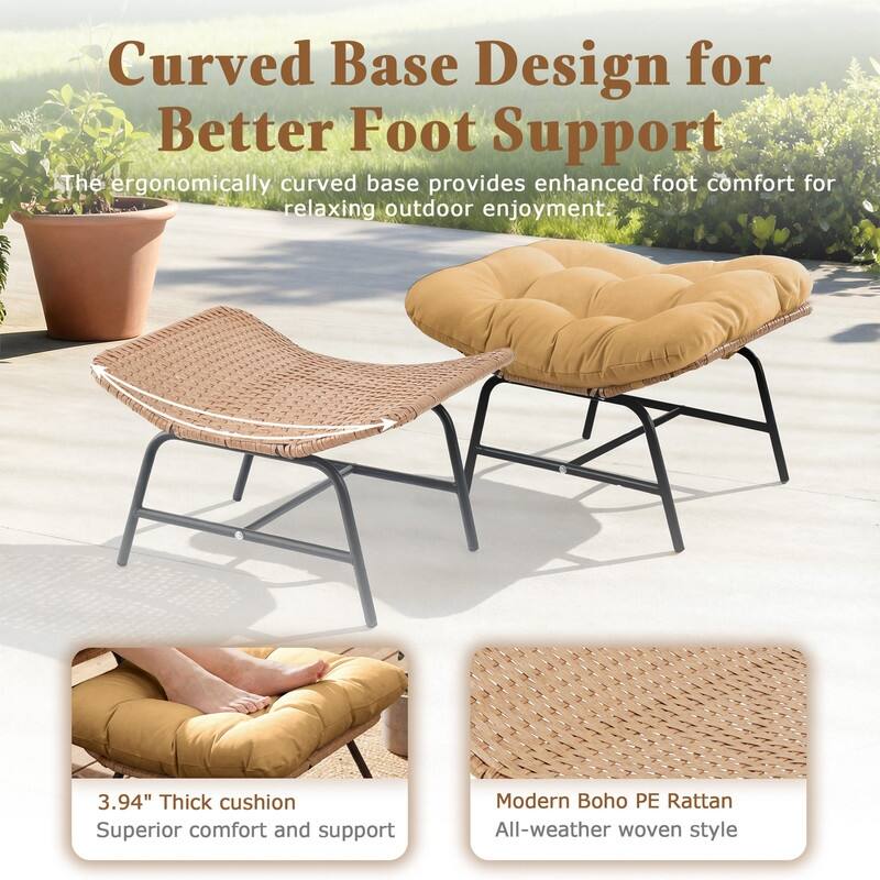 2-Piece Outdoor Wicker Ottomans with Cushions, Weather-Resistant Boho Patio Rattan Footrests for Garden, Porch, and Balcony