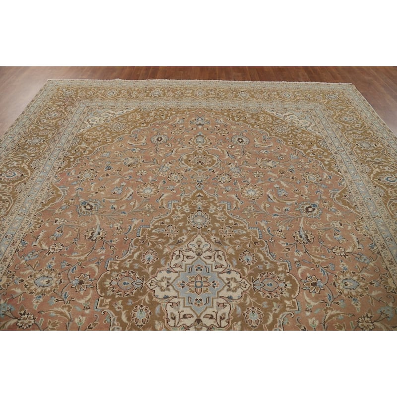 Traditional Kashan Vintage Persian Rug Hand-Knotted Pink Wool Carpet - 9'6" x 13'0"