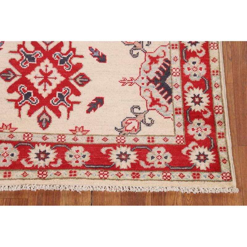 Geometric Beige Kazak Foyer Rug Hand-Knotted Wool Carpet - 3'5" x 5'0"