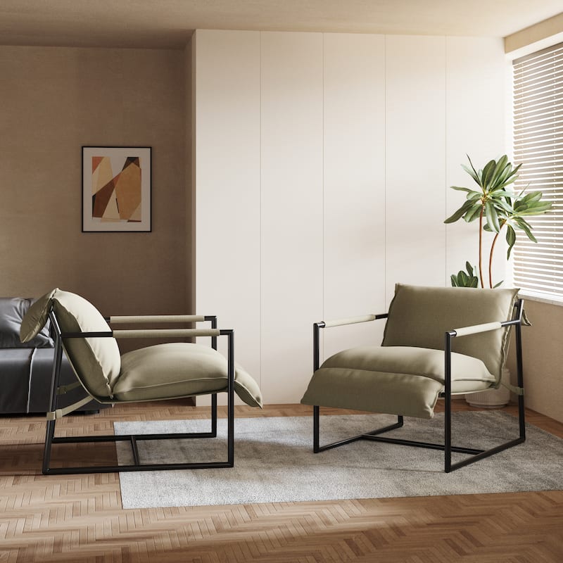 Mid-century Metal Sling Armchair with Lengthen Upholstered Set of 2