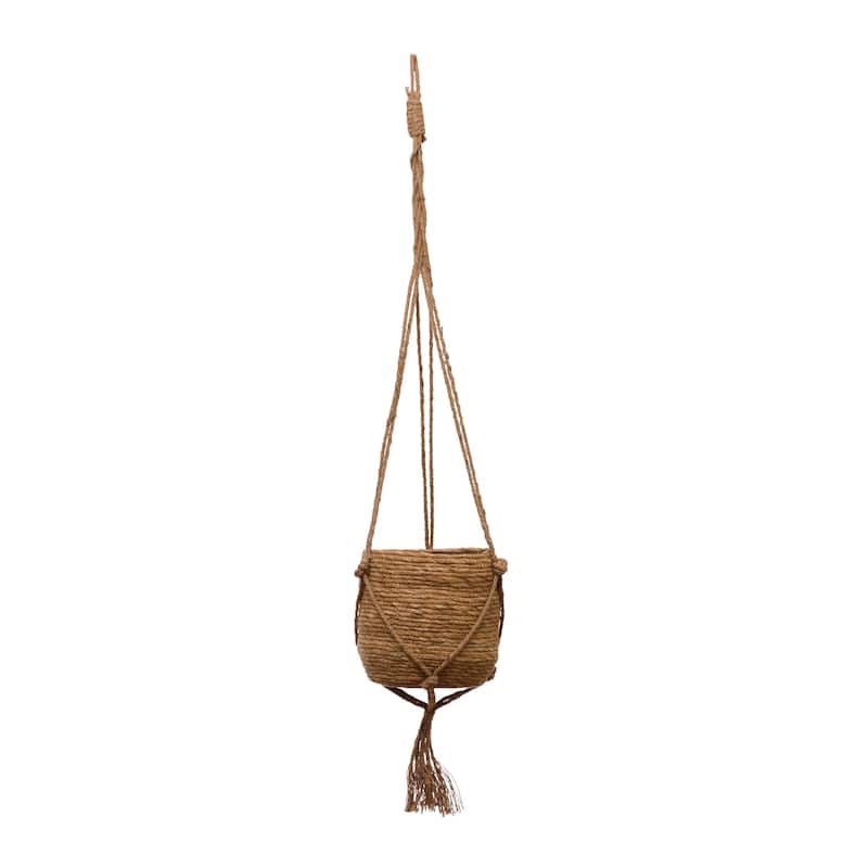 Hanging Straw Planter with Long Jute Rope and Tassel - Brown