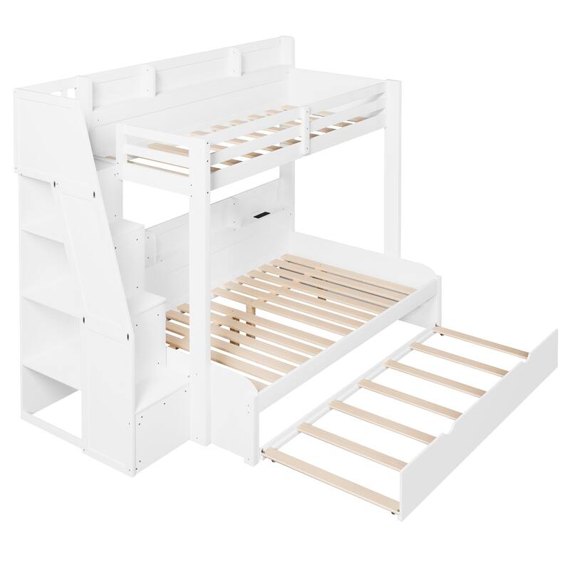 Roomfitters Twin Over Full Bunk Bed with Storage Staircase, Trundle, LED and USB