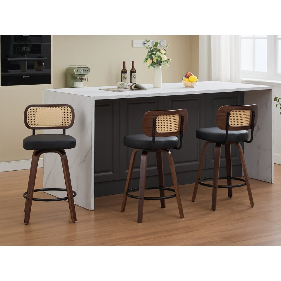 26" Swivel Rattan Bar Stools - Walnut Finish Counter Height Stools with Upholstered Seat