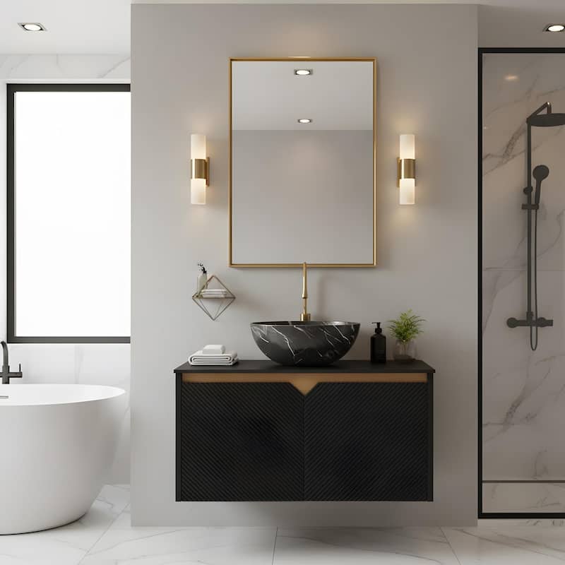 Wall-mounted Bathroom Vanity with Bowl Vessel Basin - 30 - Black+Stone Black