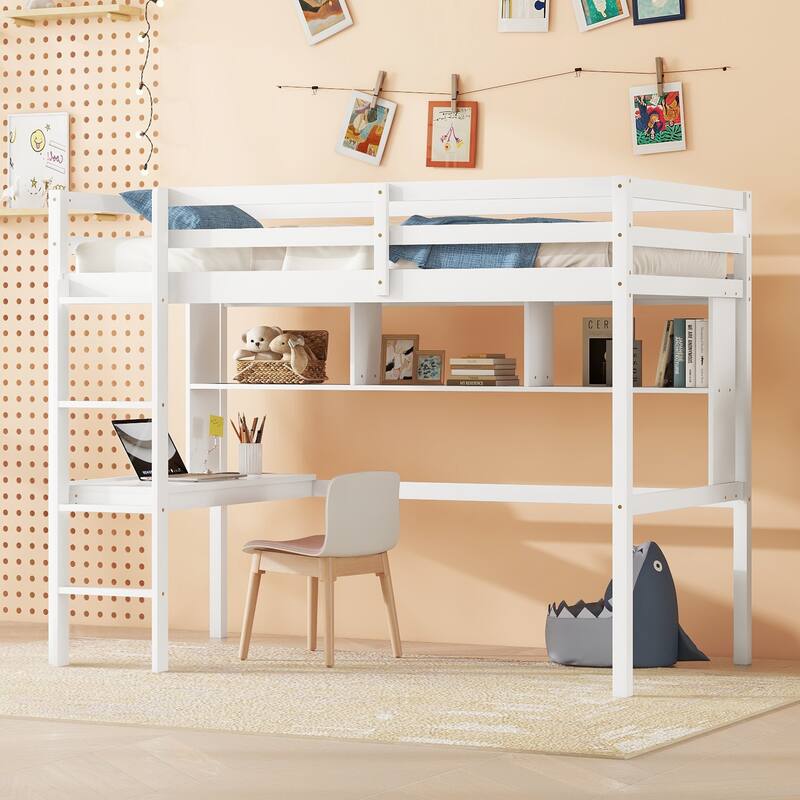 White Twin Size Wood Loft Bed with desk and shelves, Safety Guardrail and ladder