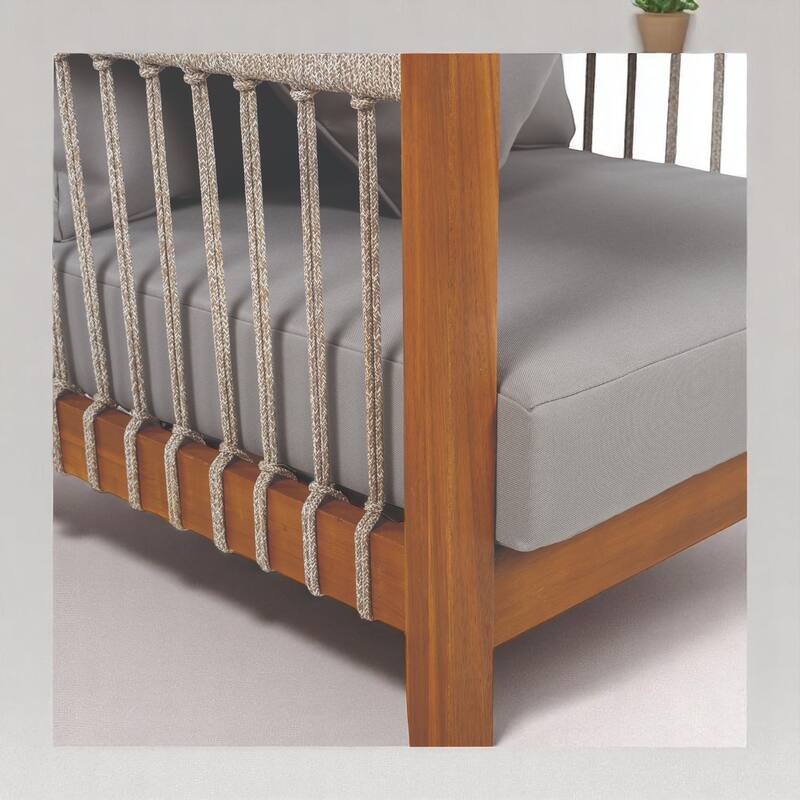 Set of 2 Outdoor Lounge Chair with Cushions, Acacia Wood Frame and Handwoven Rope, Ergonomic Tub Design for Patio or Garden