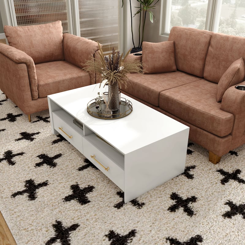 DH BASIC Modern 47-inch 2-Drawer Coffee Table with Metal Bar Handle by Denhour