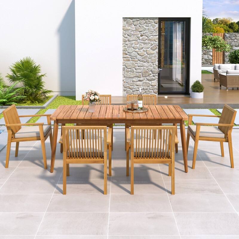 7-Piece Acacia Wood Outdoor Dining Set, 72"W Slatted Table & 6 Chairs with Removable Cushions for Patio Garden