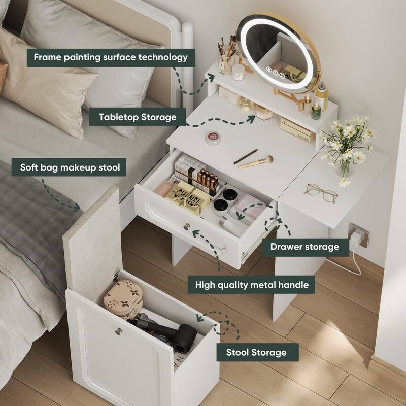 Makeup Vanity Desk with Round Mirror and Lights
