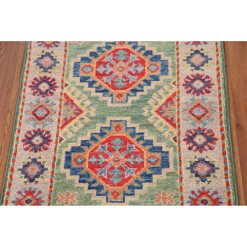 Green Geometric Kazak Accent Rug Hand-Knotted Wool Carpet - 2'0"x 2'11"