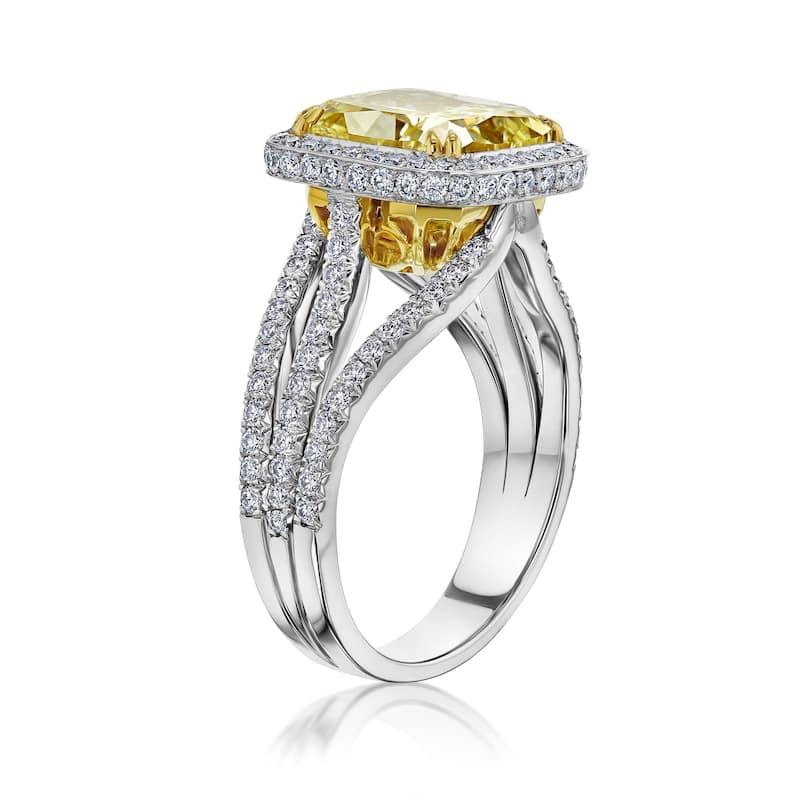 Kobelli 5.94 Carat Fancy Yellow & White Diamond GIA Certified Platinum Cushion Halo Double Split Band Callisto Ring