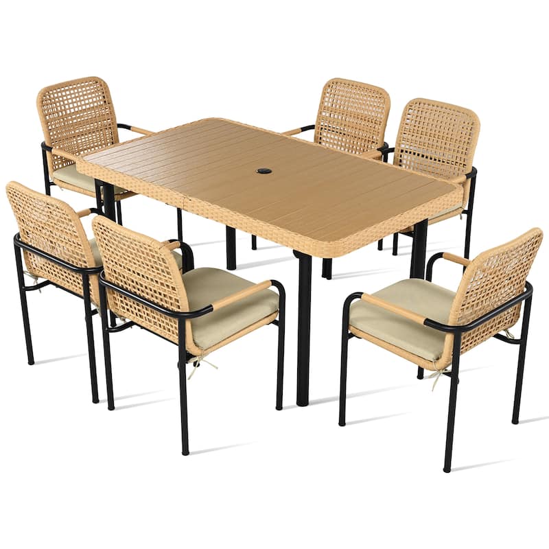 7 Piece Outdoor Patio Rattan Dining Table Set with 6 Chairs Removable Cushions Plastic-Wood Table Top with Umbrella Hole