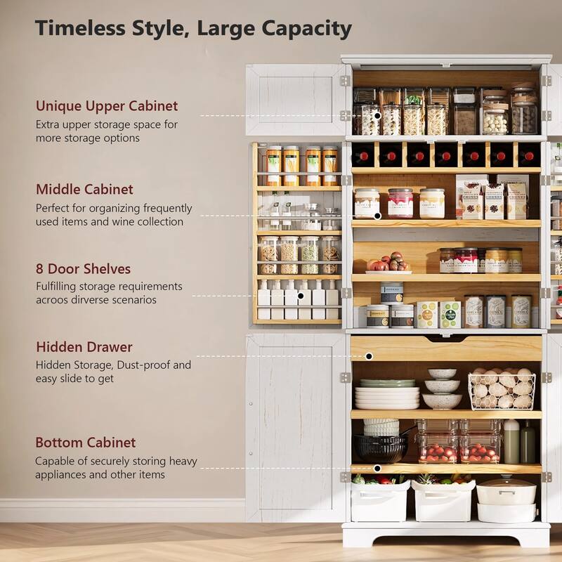 Roomfitters 78" Tall Farmhouse Kitchen Pantry Cabinet with 8 Door Shelves, Wine Rack & Hidden Drawer