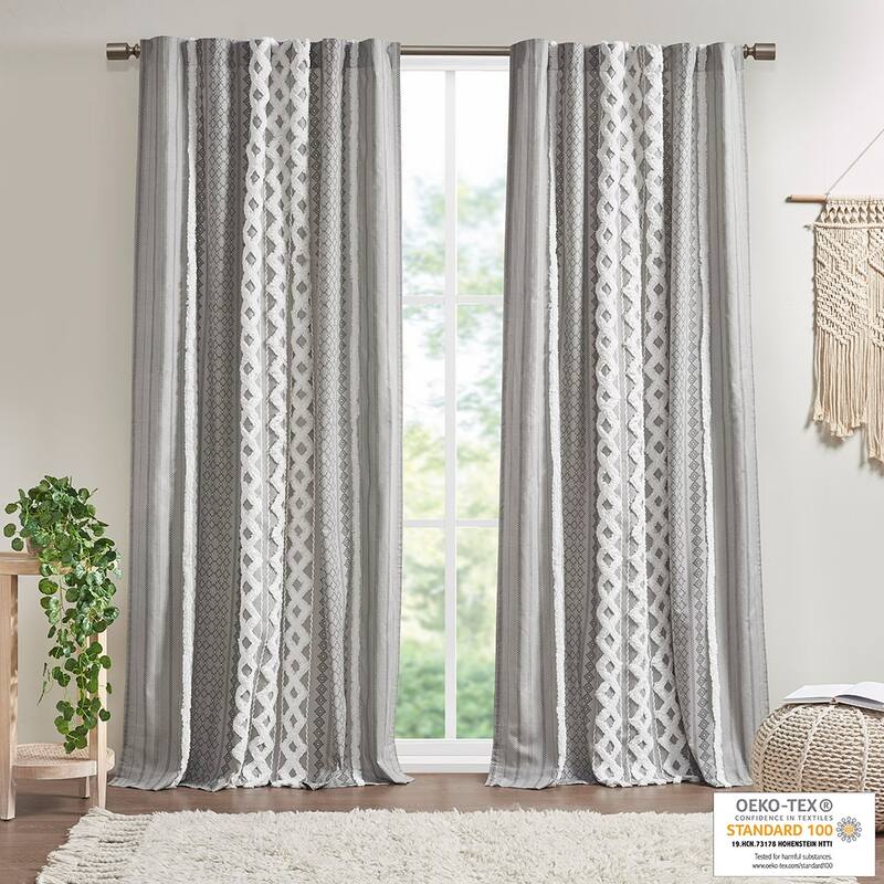 1PC Cotton Printed Curtain Panel with Chenille Stripe and Lining - Gray - 84 Inches