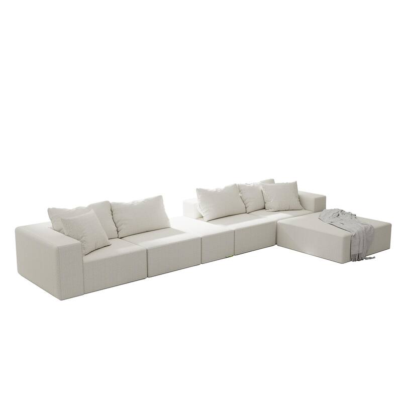 L Shaped Modular Sectional Sofa with Ottoman, Oversized Chenille Upholstered Boneless Sofa, Compression Sofa with 6 Pillows - Beige