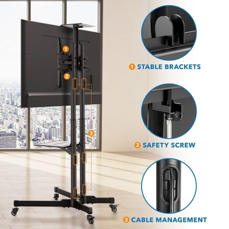 Mount-It! TV Cart Mobile TV Stand Wheeled and Height Adjustable with Rolling Casters and Shelf - Black