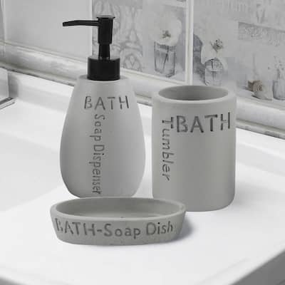 Grey Cement Concrete Elegant Bathroom Accessories Set - Soap Dispenser, Soap Dish & Tumbler - N/A