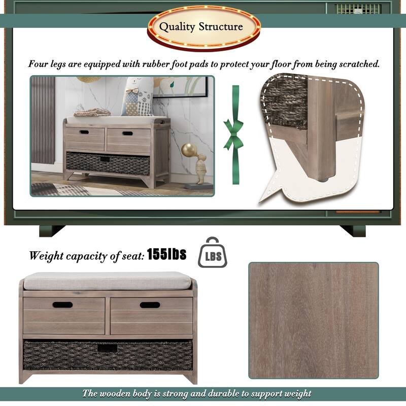 Rustic Storage Bench with Removable Cushion, Basket & Drawers - Ideal for Farmhouse Decor