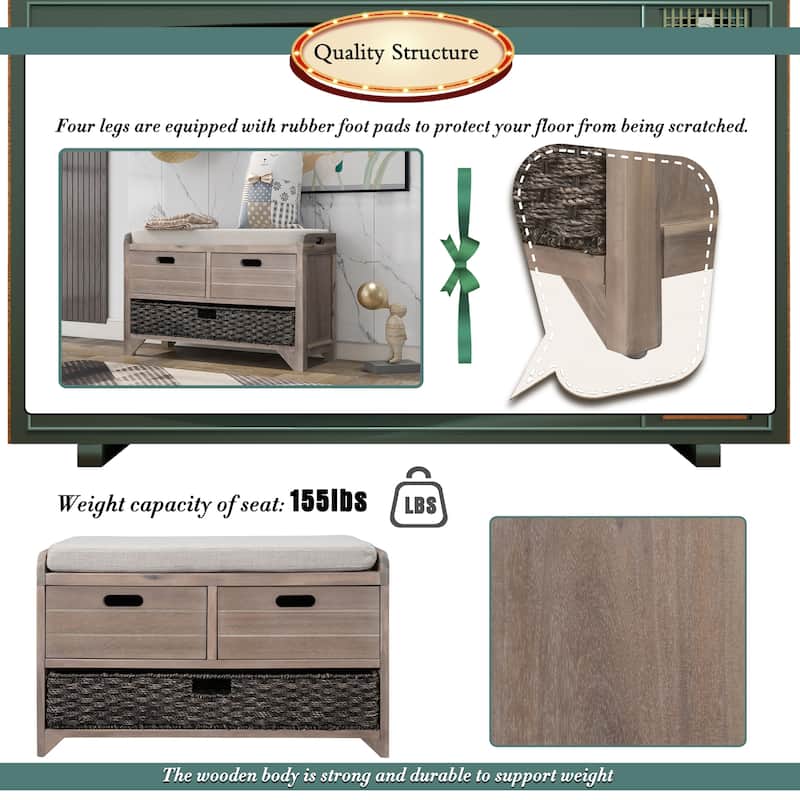Storage Bench with Removable Basket and 2 Drawers, Fully Assembled Shoe Bench with Removable Cushion
